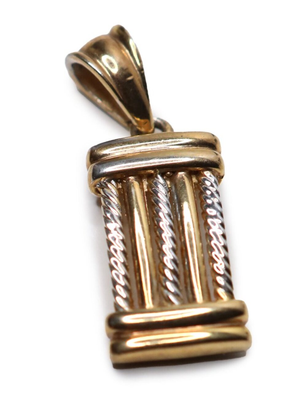 Two-Tone Gold Shell Column Pendant - Ribbed & Twisted Rope Mixed Metal Charm